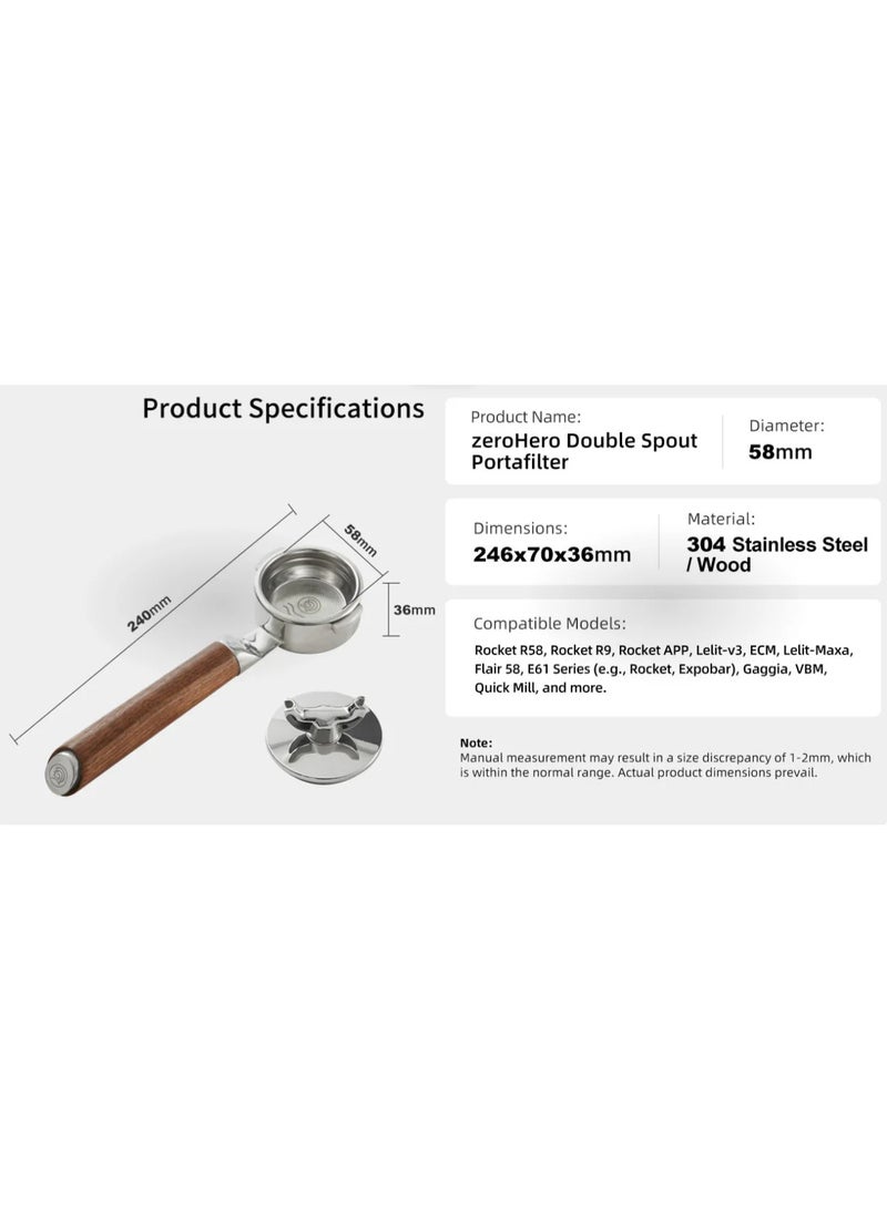 zeroHero 58mm Double Spout Portafilter - SUS304 Stainless Steel with Walnut Handle - Image 4